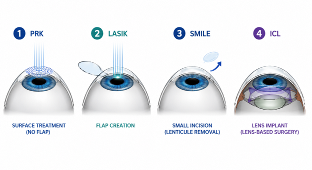 Vision types - near, intermediate and far vision illustration