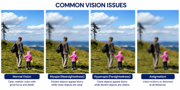 Vision types - near, intermediate and far vision illustration